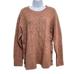 Marled Reunited Pullover Cable Knit Sweater Size Large Pink Button Detail